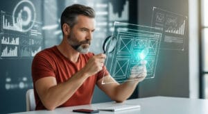 Expert SEO réalisant un audit sémantique en analysant la structure d'un site web à la loupe.