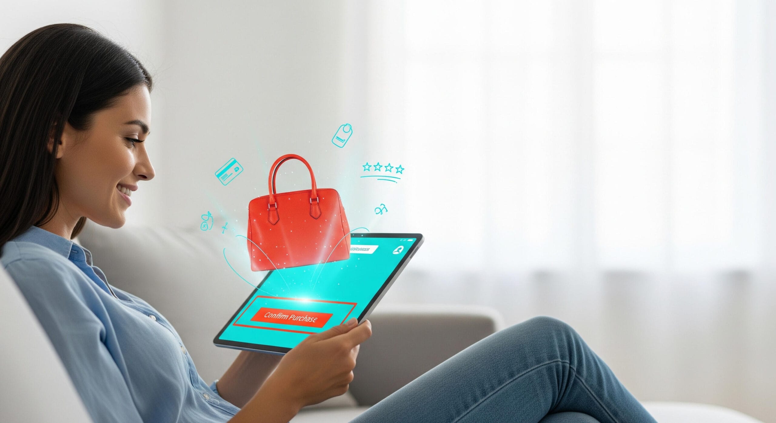 Création de site e-commerce par une agence web : une femme aux cheveux violets navigue avec fluidité sur une interface de shopping en ligne affichée sur un écran géant, symbolisant une expérience utilisateur (UX) réussie